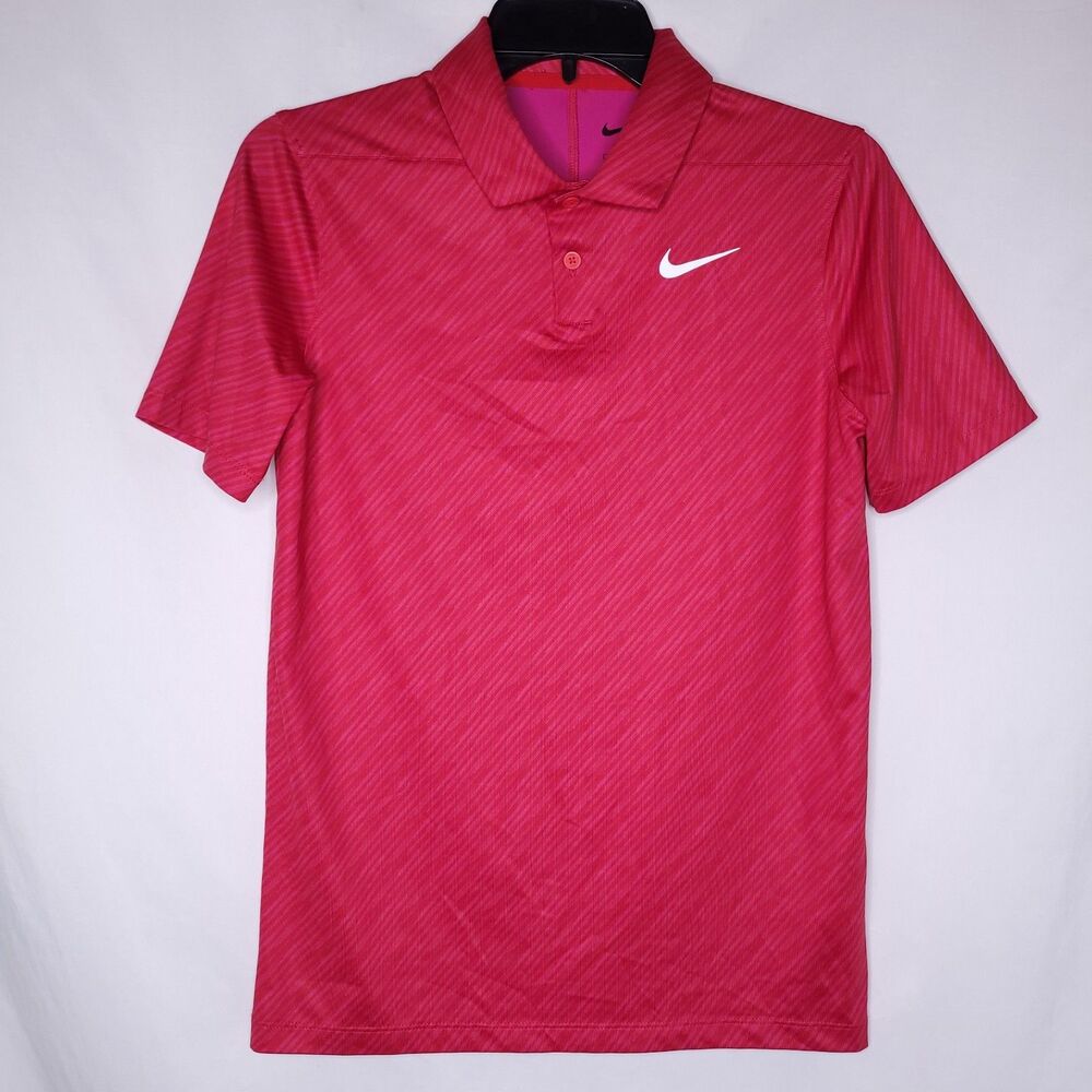 Nike Polo Shirt Womens Large Striped Red, Pink Dri Fit Golf Performance